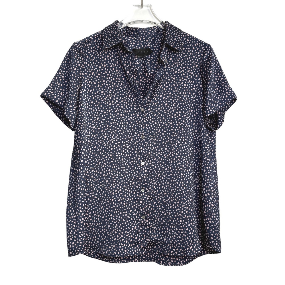 HATCH Button Down Blouse Womens 2 Navy Blue Pink Abstract Print Short Sleeve